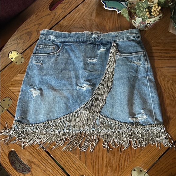 Denim Rhinestone Fringe Skirt - Picture 7 of 16